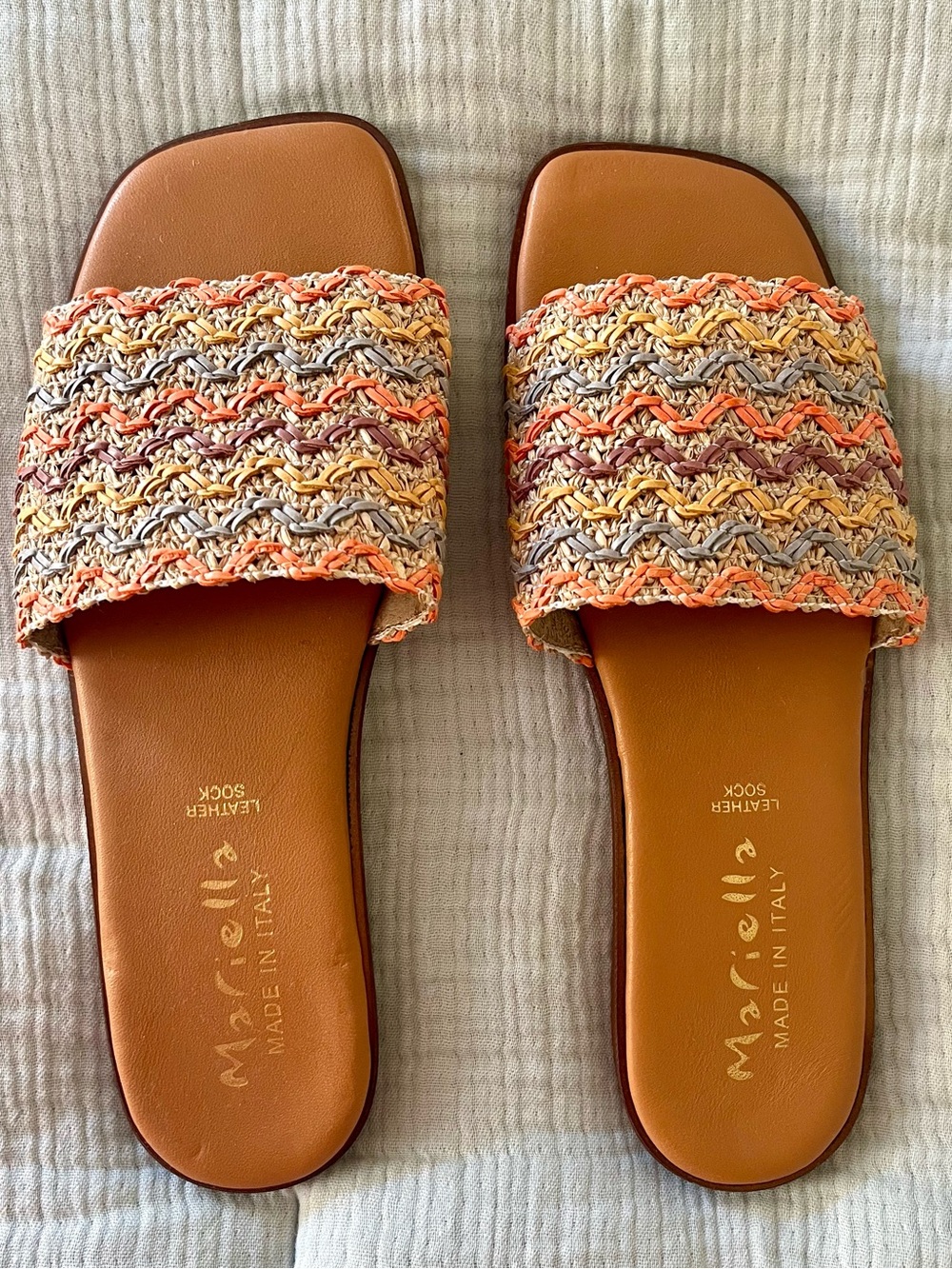 Mariella Multicolor Braided Strap Slide Sandals - Tan, Orange, Cream, US 8